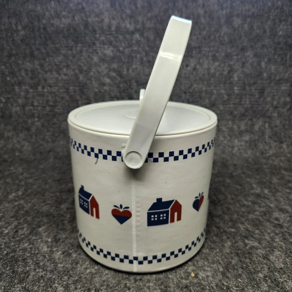 Vintage Barware Acrylic Ice Bucket Canister Country Blue House Heart Cottagecore